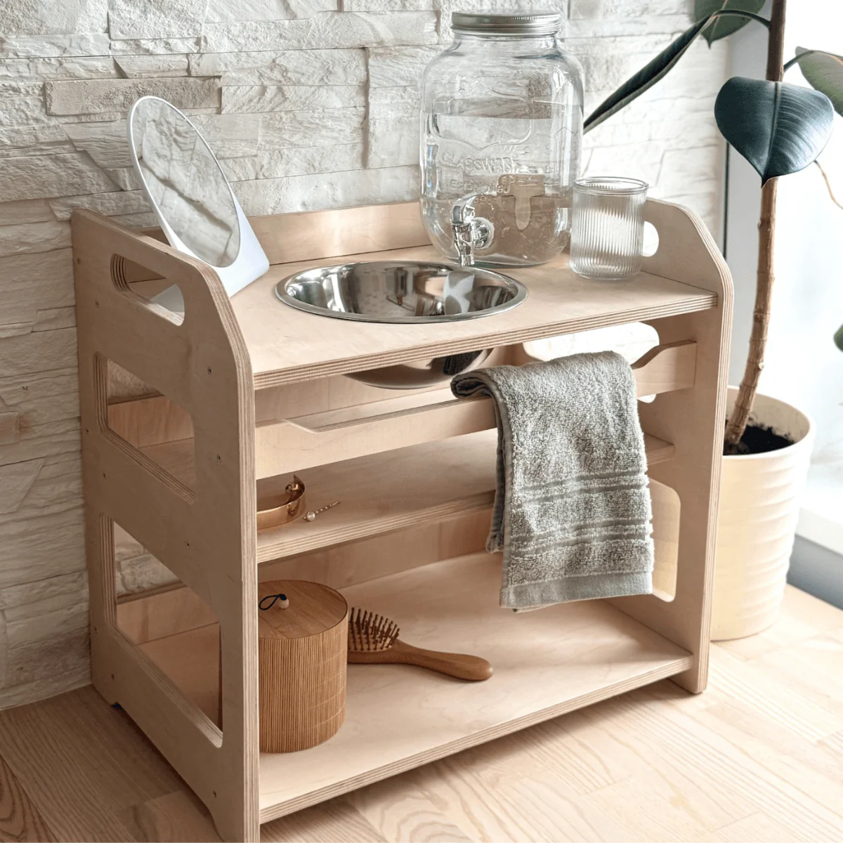 Montessori Tvättställe & Handfat med Förvaring i Trä för Barn - Liten - Bild 2