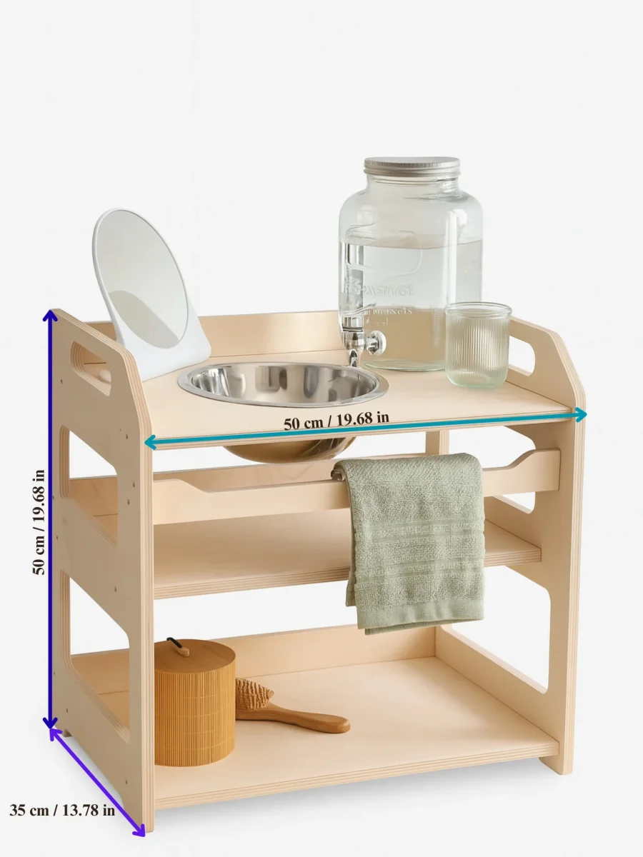 Montessori Tvättställe & Handfat med Förvaring i Trä för Barn - Liten - Bild 5